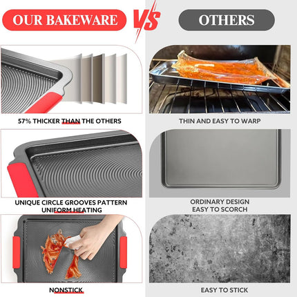 16x11in Nonstick Baking Sheet with Circle Grooves, Cookie Pan with Red Grips, Gray