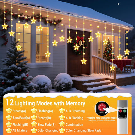 76 LED Star Curtain Lights IP65 Waterproof Rechargeable Christmas Window Lights