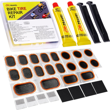 Bike Tire Repair Kit with 20 Patches, Tire Levers & Metal Rasp for MTB Road Bikes