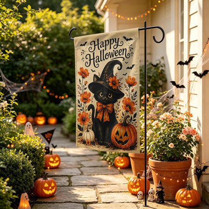 Happy Halloween Witch Black Cat Garden Flag 12x18in, Double-Sided Pumpkin Yard Decor