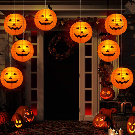 12-Piece 8in Halloween Jack-O-Lantern Paper Lanterns, Indoor Outdoor Party Decor