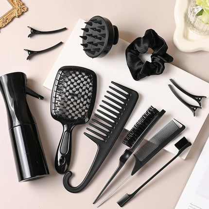 12-Piece Hair Styling Brush Set – Detangler, Teasing, Edge & Baby Hair Brushes (Black)