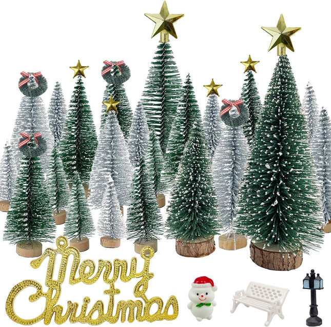 Miniature Christmas Pine Trees, Mini Bottle Brush Winter Trees for Tabletop Village Decor