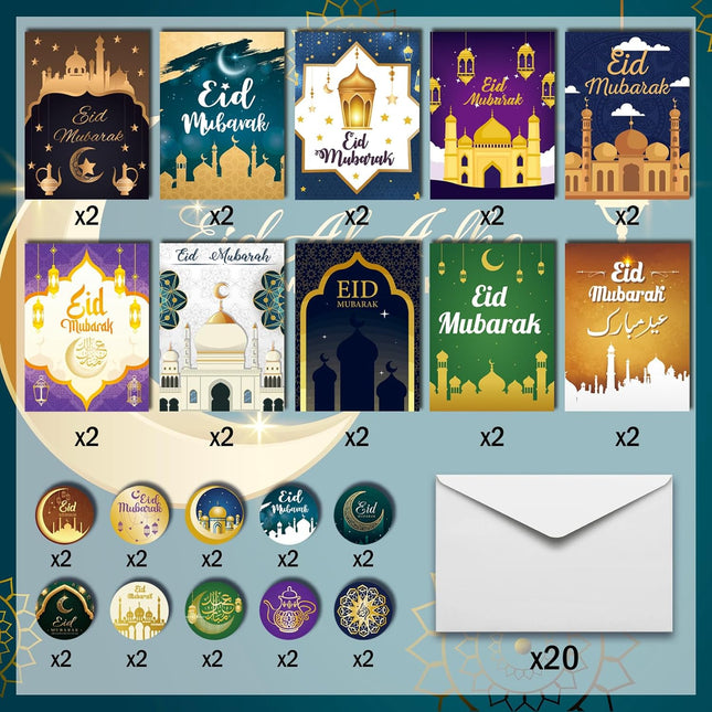 20PCS Eid Mubarak Greeting Cards with Envelopes & Stickers Ramadan Cards