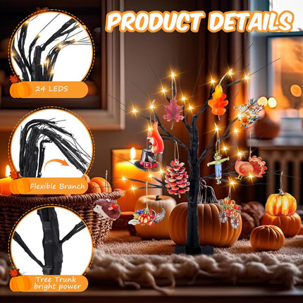 24" LED Thanksgiving Table Tree with Wooden Ornaments Harvest Home Office Decor