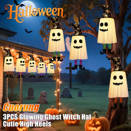 3-Pack Halloween Hanging Ghost String Lights, Glowing Witch Hat, 3 Modes, Outdoor