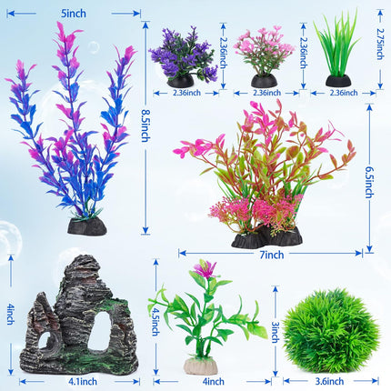 Aquarium Decor Set – Artificial Plants & Rock Cave for Goldfish/Betta