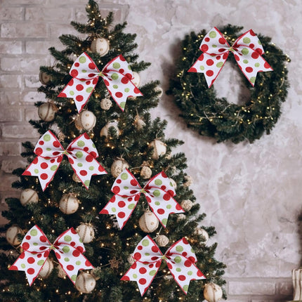 12pcs Red & Green Christmas Ribbon Bows – 6" Glitter Dot Cartoon Tree Décor