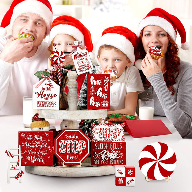 14-Pcs Rustic Christmas Tiered Tray Decorations, Snowman, Santa, and Candy Wood Accents