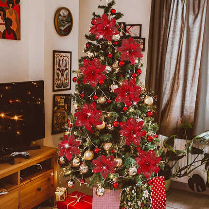 15PCS Christmas Poinsettia Ornaments – Glitter Flowers with Clips & Stems