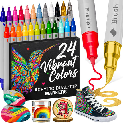 24 Acrylic Paint Markers – Brush & Fine Tips for DIY, Fabric, Rock & Glass