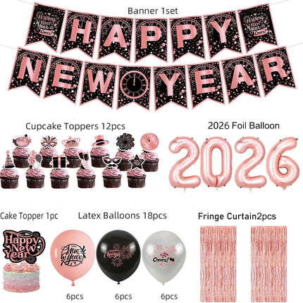 Happy New Year 2026 Decorations – Rose Gold Banner, Balloons & Curtain