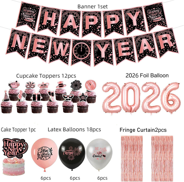 Happy New Year 2026 Decorations – Rose Gold Banner, Balloons & Curtain