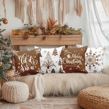 Set of 4 Holiday Throw Pillow Covers, 18x18 – Merry Christmas & Snowflake Winter Decor
