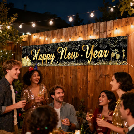 Happy New Year 2026 Outdoor Banner – Black & Gold Yard & Garden Decor