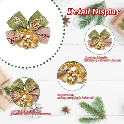 21pcs Christmas Bows with Bells – Mini Linen Bowknot Xmas Tree Decor