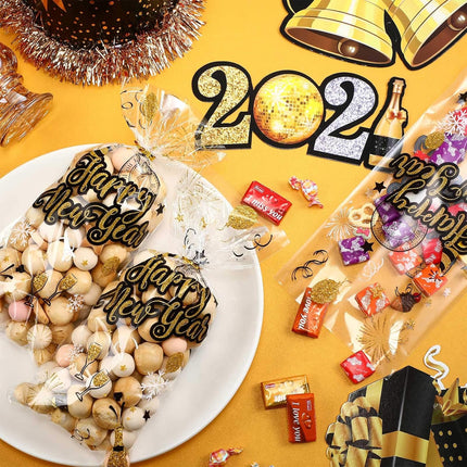 100 PCS Happy New Year Cellophane Treat Bags Black & Gold Party Favors