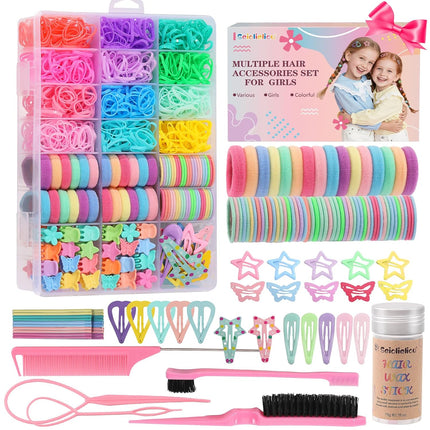 1350P Colorful Hair Ties & 72P Hair Clips Set for Girls – Organizer Box Included