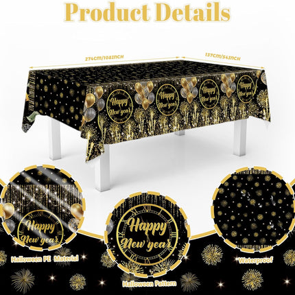 New Year 2026 Tablecloth – Black & Gold Disposable Table Cover 108×54
