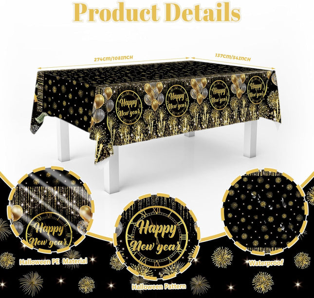 New Year 2026 Tablecloth – Black & Gold Disposable Table Cover 108×54
