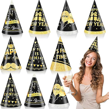 24 PCS Happy New Year’s Eve Party Hats Adjustable Paper Cone Decorations