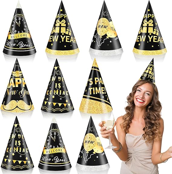 24 PCS Happy New Year’s Eve Party Hats Adjustable Paper Cone Decorations