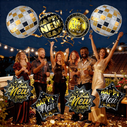 10-Piece Happy New Year 2026 Balloons – Black & Gold Party Supplies