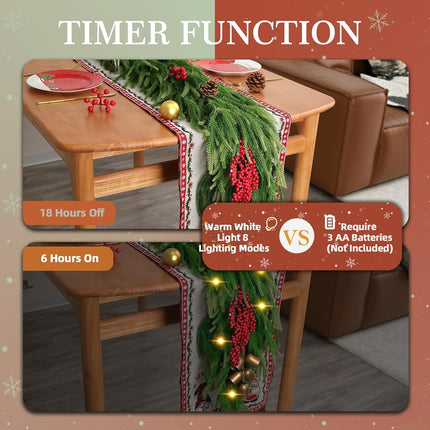 Christmas Garland 6FT – Lit Norfolk Pine with Pinecones, Berries & Bells