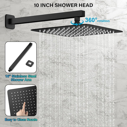 Wall Mounted Black Shower Faucet Set, Rainfall 10" Square Head with Valve Kit