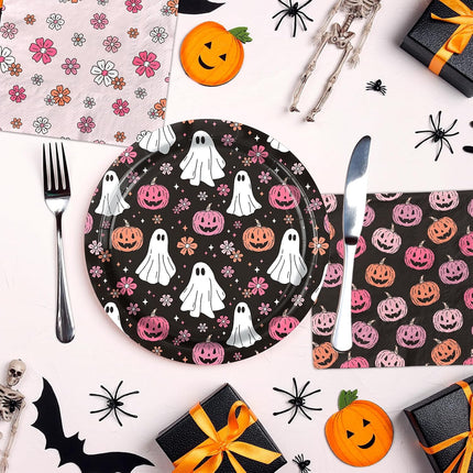 60-Piece Pink Halloween Plates & Napkins Set, Pumpkin Ghost Flower Party Tableware