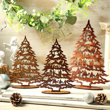 3PCS Christmas Nativity Scene – Rustic Wooden Jesus Set for Table & Tiered Decor