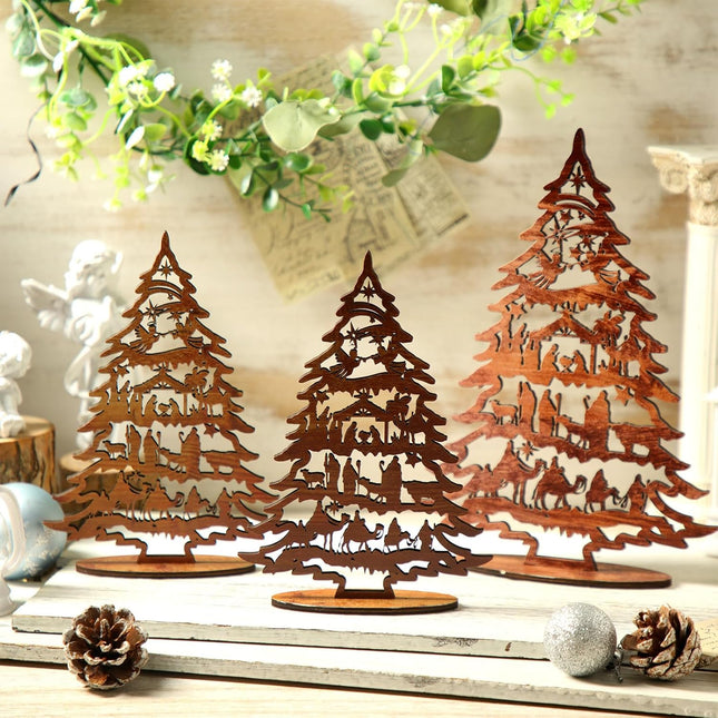 3PCS Christmas Nativity Scene – Rustic Wooden Jesus Set for Table & Tiered Decor