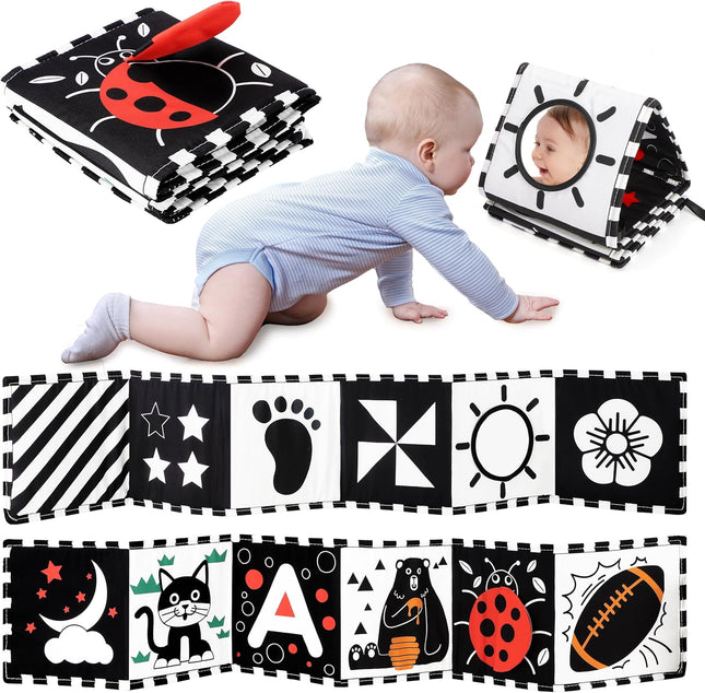 Black White Baby Toy High Contrast Tummy Time Soft Book Sensory Mirror 0-12 Months
