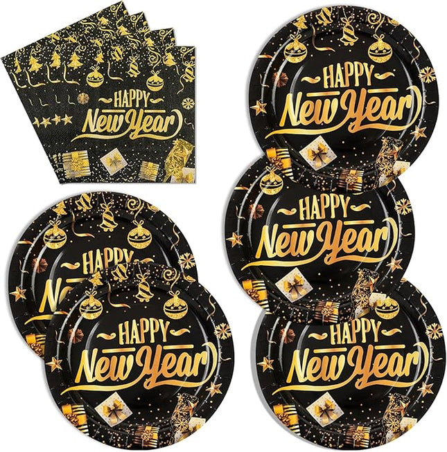 40 PCS Happy New Year Black & Gold Plates & Napkins Tableware Set for 20