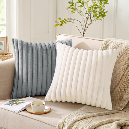 Faux Fur Throw Pillow Covers 18x18, Set of 2 – Soft Fluffy Striped Cream