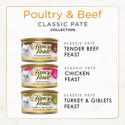 Poultry & Beef Wet Cat Food – Classic Pate Variety Pack, 30 x 3 oz Cans