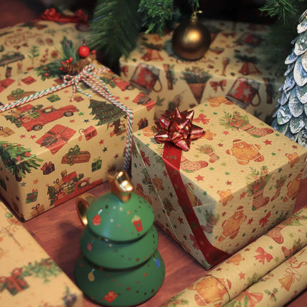 Christmas Wrapping Paper Set 6 Sheets Kraft Gift Tags & Rope Vintage Holiday