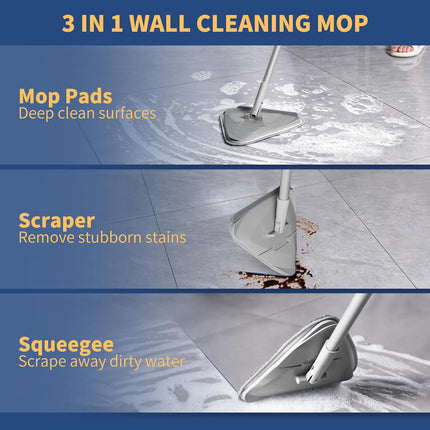Wall Cleaner Mop – 82” Long Handle, Baseboard Duster, Squeegee & 6 Replacement Pads