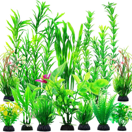 12PCS Aquarium Decorations, Green Plastic Plants, Fish Tank Decor & Aquatic Accessories