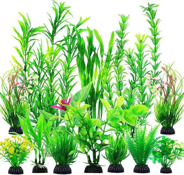 12PCS Aquarium Decorations, Green Plastic Plants, Fish Tank Decor & Aquatic Accessories