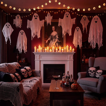 12-Piece Halloween Hanging Ghosts, 3 Sizes White Swinging Flying Ghost Yard Decor