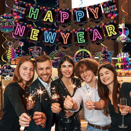 Happy New Year 2026 Decorations – Colorful Banner & Hanging Swirls Party Set
