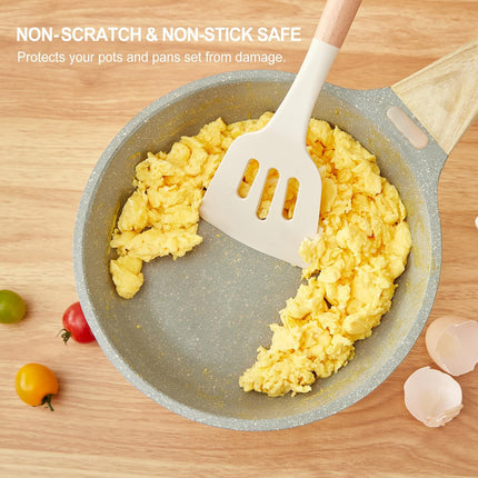 34-Piece Nonstick Silicone Kitchen Utensil Set with Wooden Handles, Cream White