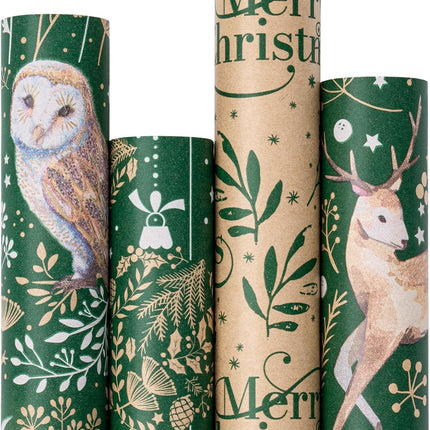 4-Pack Kraft Xmas Wrap Owl, Reindeer & Christmas Ball Designs, 30"x10' Rolls