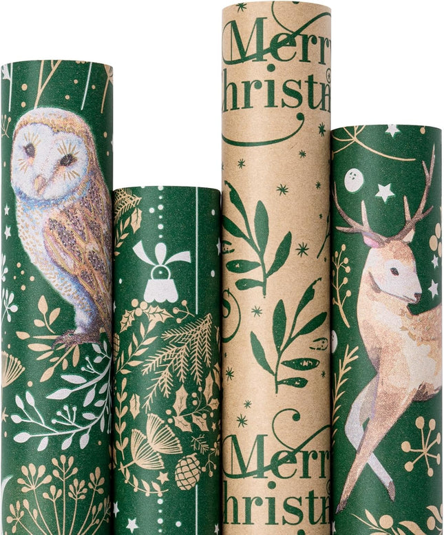 4-Pack Kraft Xmas Wrap Owl, Reindeer & Christmas Ball Designs, 30"x10' Rolls