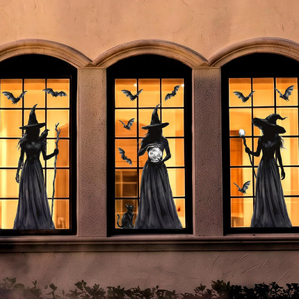 3-Sheet Halloween Witch Window Clings, Double-Sided Black Cat Bat Gothic Decals