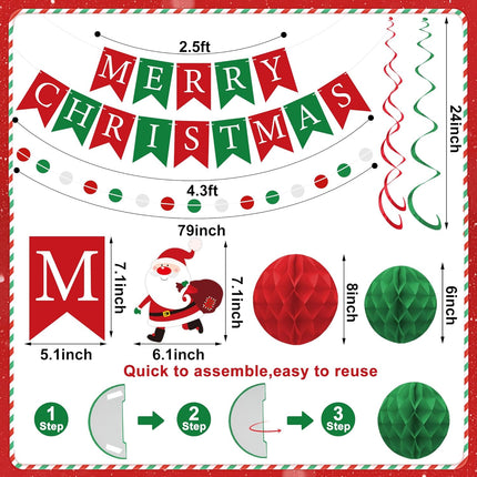 Merry Christmas Party Decorations Pre-Strung Red & Green Banner with Honeycomb Balls