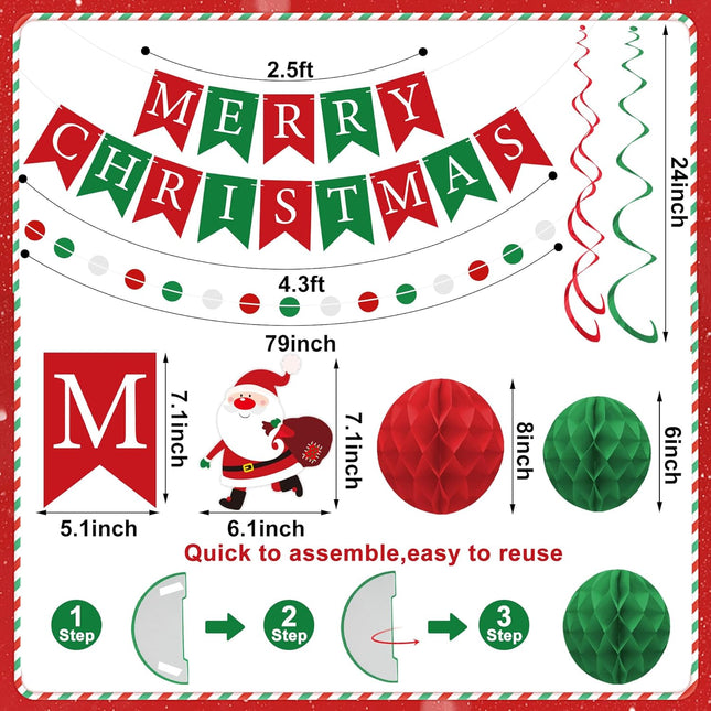Merry Christmas Party Decorations Pre-Strung Red & Green Banner with Honeycomb Balls