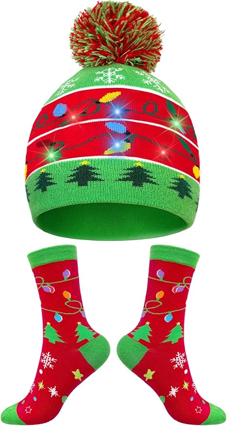 Christmas Light Up Beanie & Xmas Socks – Holiday Gift Set for All Ages