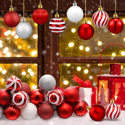 24 Pcs Red & White Mini Christmas Ball Ornaments, Glitter Shatterproof Candy Balls